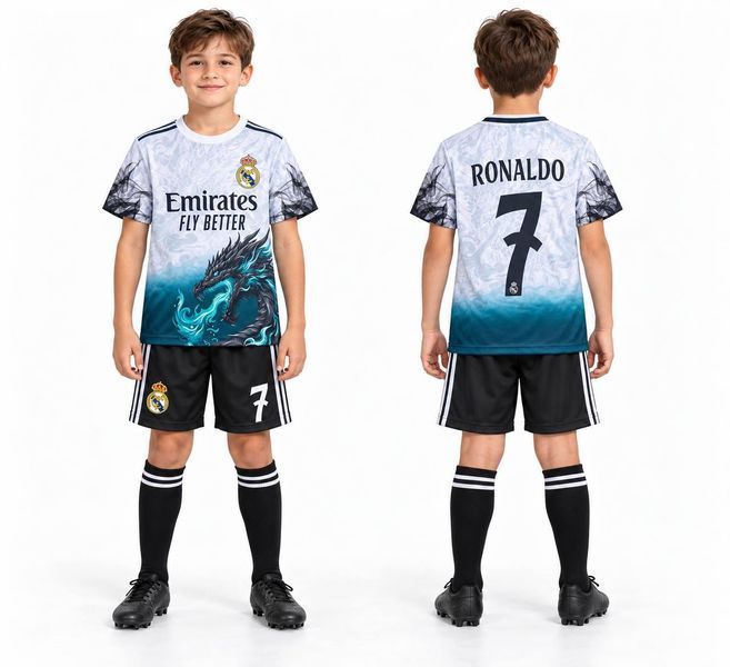 Дитячий футбольний набір комплект 2в1 форма та гетри Real Madrid Ronaldo 7 Dragon дракон (футболка шорти гетри) 176 3234684052 фото