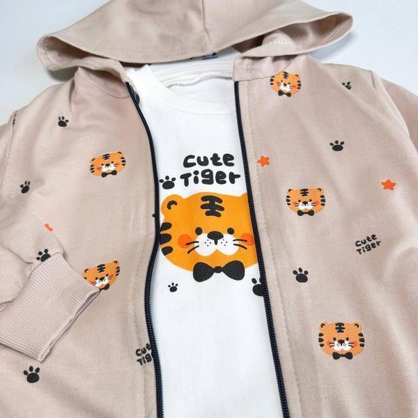 Дитячий демісезонний костюм-трійка з кофтою на блискавці &laquo;Cute Tiger&raquo;, бежевий та синій, розміри 80, 92, 98, 104 3117771932 фото